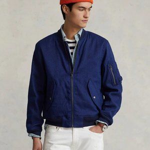 New Men's Polo Ralph Lauren Stretch Linen-Cotton Bomber Jacket Blue Size XS